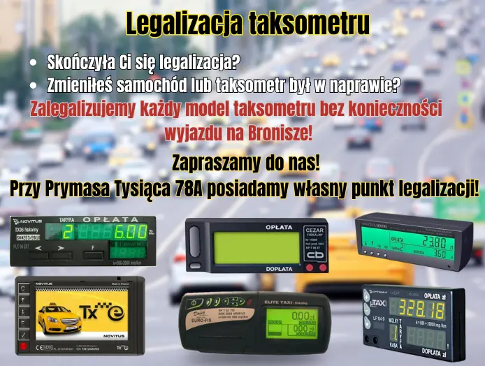 Obrazek przedstawia opis usługi legalizacja taksometru oraz modele taksometrów które obsługuję firma Prokar